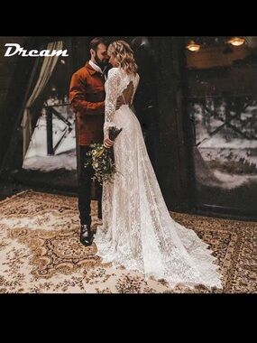 Dream Pairs Ivory Lace Long Sleeve Open-Back Wedding Dress